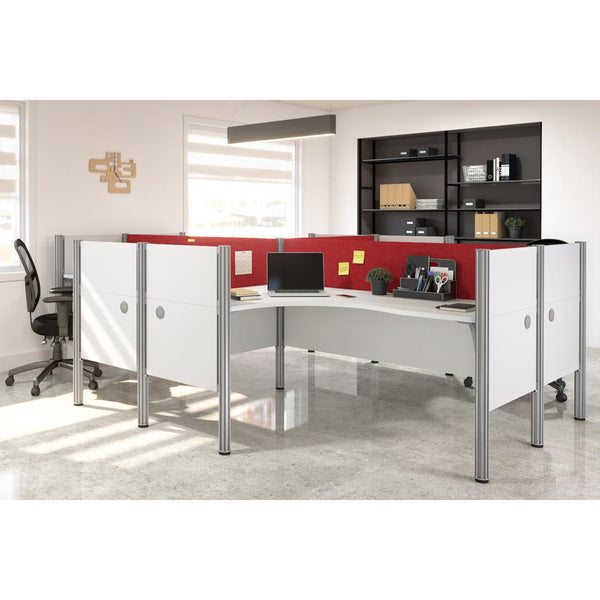 4-Person Office Cubicles with Red Tack Boards and Low Privacy Panels