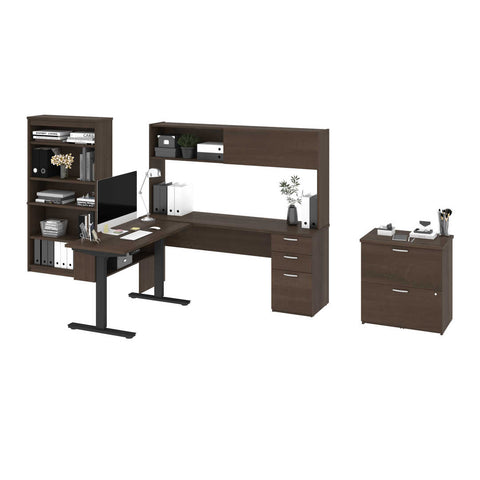 4-Piece set including a standing desk, a credenza desk with hutch, a lateral file cabinet, and a bookcase