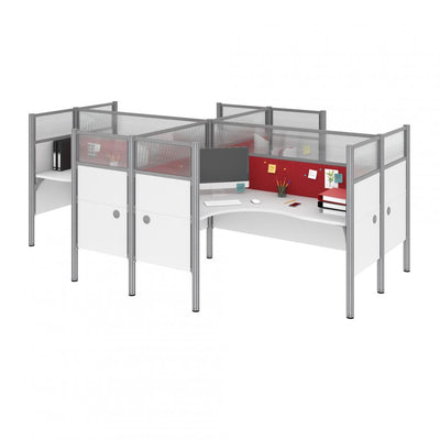 4-Person Office Cubicles with Red Tack Boards and High Privacy Panels
