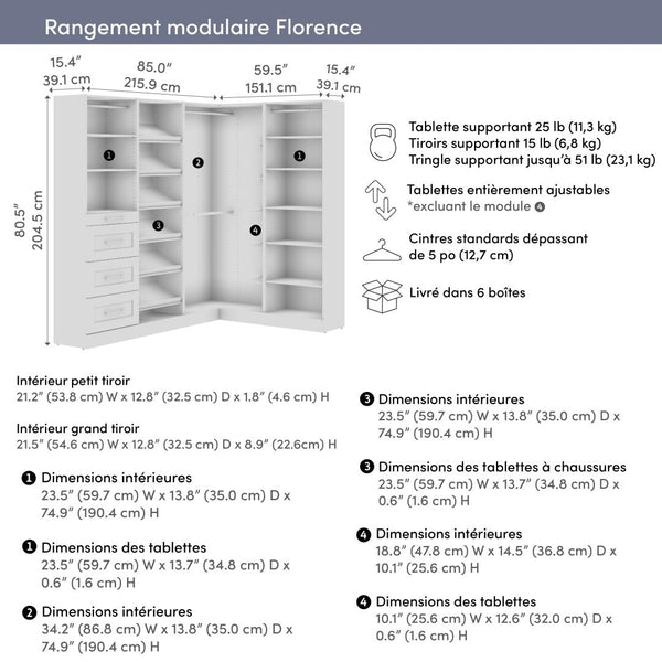 Modular L-Shaped Closet System with Shelves, Drawers, Clothing Rods & Shoe Racks, Shaker Style, 85W x 60D