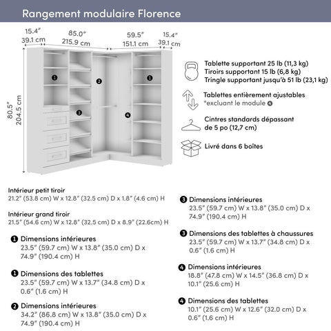 Modular L-Shaped Closet System with Shelves, Drawers, Clothing Rods & Shoe Racks, Shaker Style, 85W x 60D