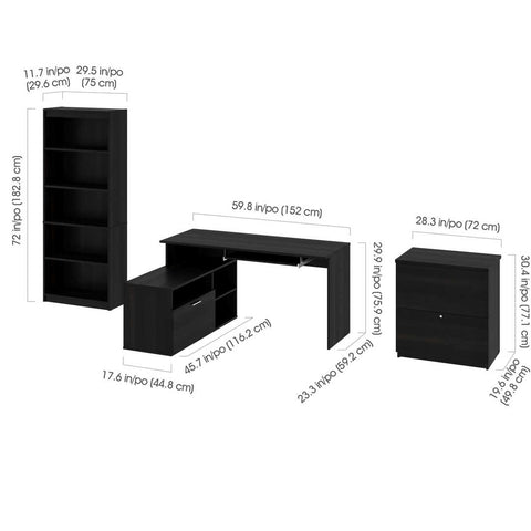 3-Piece set including a small L-shaped desk, a Lateral File cabinet, and a bookcase