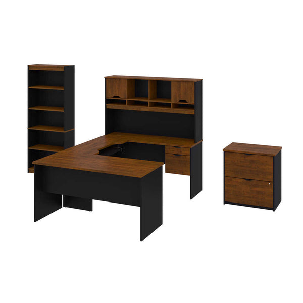 U or L-Shaped Desk with Hutch, a Lateral File Cabinet and a Bookcase