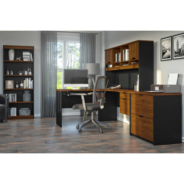 3-Piece set including an L-shaped desk with hutch, a lateral file cabinet, and a bookcase