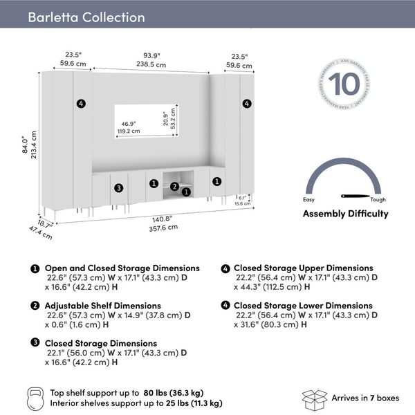 141W Modular Entertainment Center with TV Stand, Storage Cabinet, Tall Storage Cabinets, and Large Wall Panel