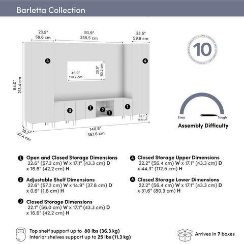 141W Modular Entertainment Center with TV Stand, Storage Cabinet, Tall Storage Cabinets, and Large Wall Panel