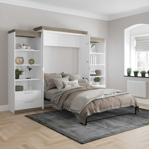 Queen Murphy Bed and 2 Shelving Units with Drawers (125W)