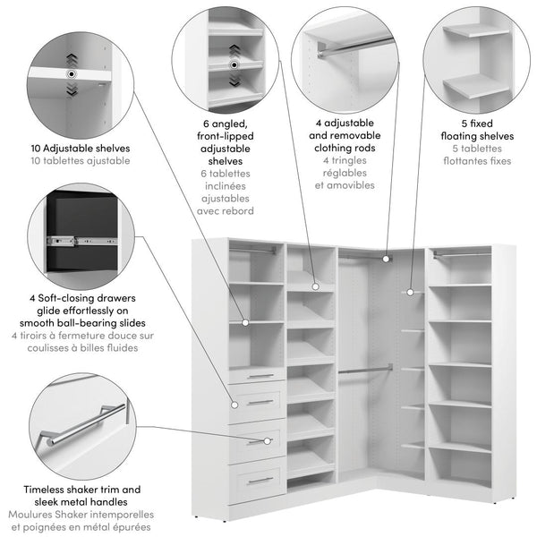 Modular L-Shaped Closet System with Shelves, Drawers, Clothing Rods & Shoe Racks, Shaker Style, 85W x 60D