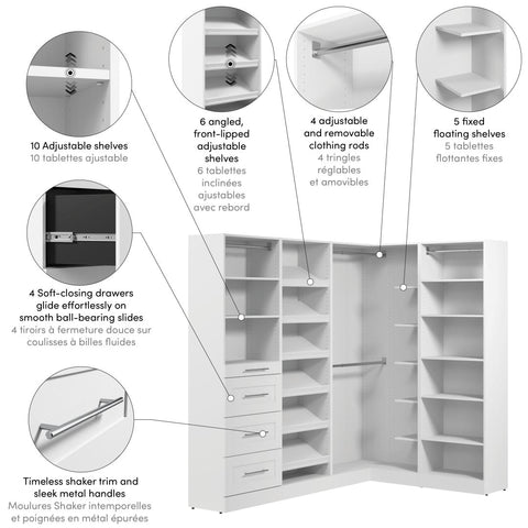 Modular L-Shaped Closet System with Shelves, Drawers, Clothing Rods & Shoe Racks, Shaker Style, 85W x 60D