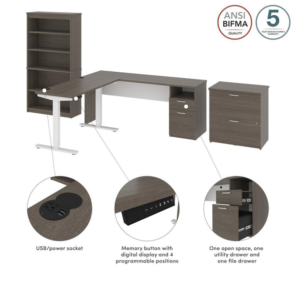 72W L-Shaped Standing Desk with Bookcase and File Cabinet