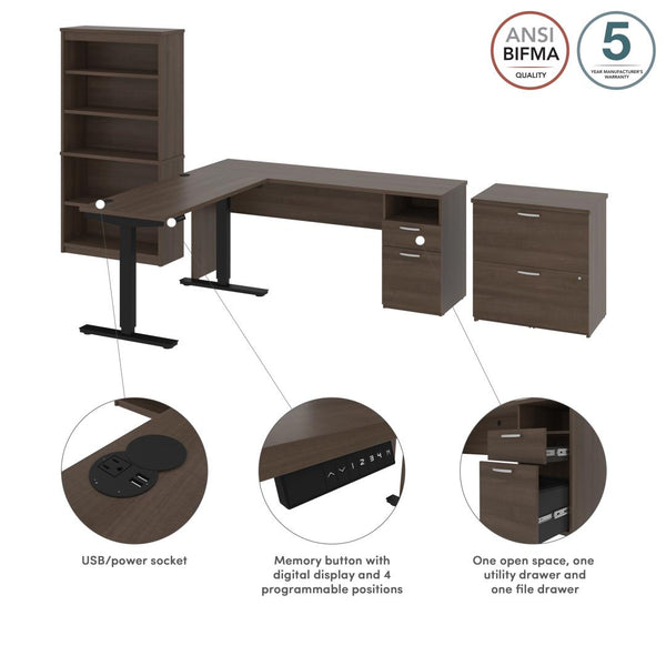 72W L-Shaped Standing Desk with Bookcase and File Cabinet