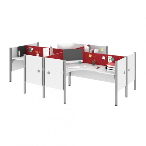 4-Person Office Cubicles with Red Tack Boards and Low Privacy Panels