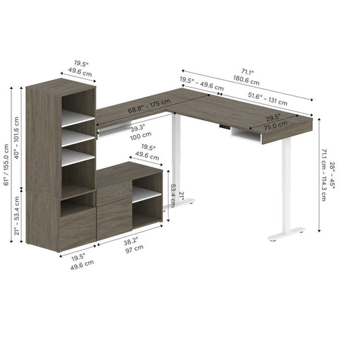 Two 72W L-Shaped Standing Desks with Credenza and Shelving Unit