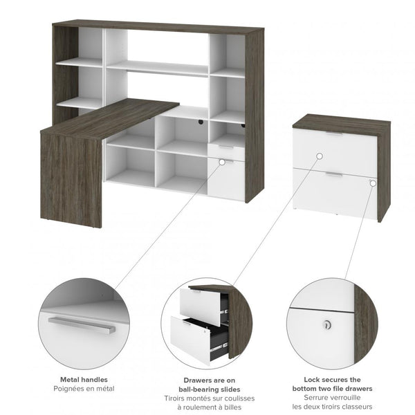 60W L-Shaped Desk with Hutch, Lateral File Cabinet, and Bookcase