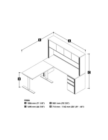 72W L-Shaped Standing Desk with Pedestal and Hutch