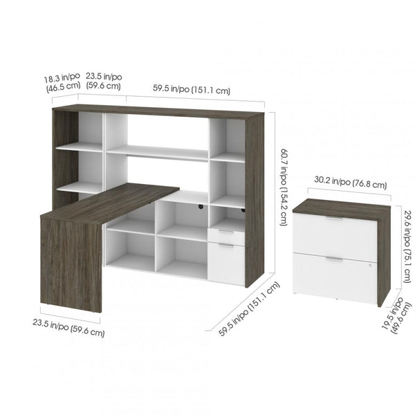 60W L-Shaped Desk with Hutch, Lateral File Cabinet, and Bookcase