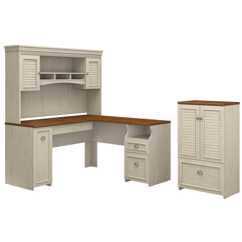 60W L Shaped Desk with Hutch and Storage Cabinet with File Drawer