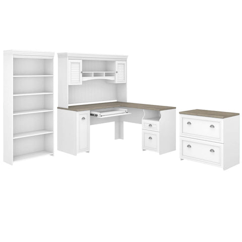 60W L Shaped Desk with Hutch, Lateral File Cabinet and Bookcase