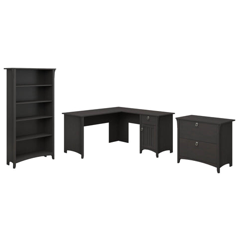 60W L Shaped Desk with Lateral File Cabinet and 5 Shelf Bookcase