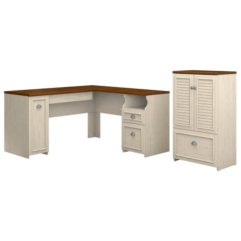 60W L Shaped Desk and 2 Door Storage Cabinet with File Drawer