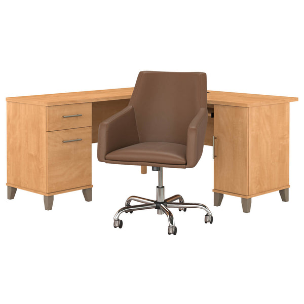 60W L Shaped Desk with Mid Back Leather Box Chair