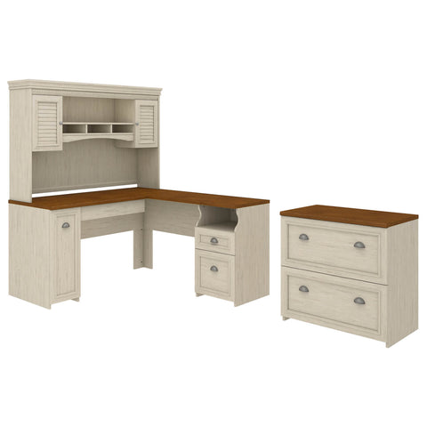 60W L Shaped Desk with Hutch and Lateral File Cabinet