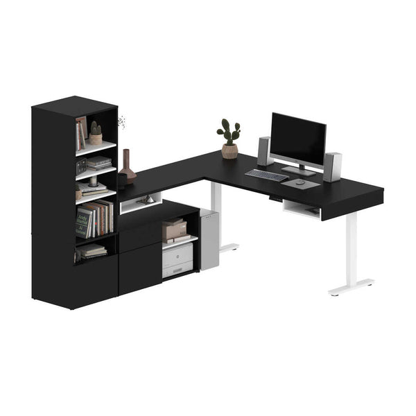 Two 72W L-Shaped Standing Desks with Credenza and Shelving Unit