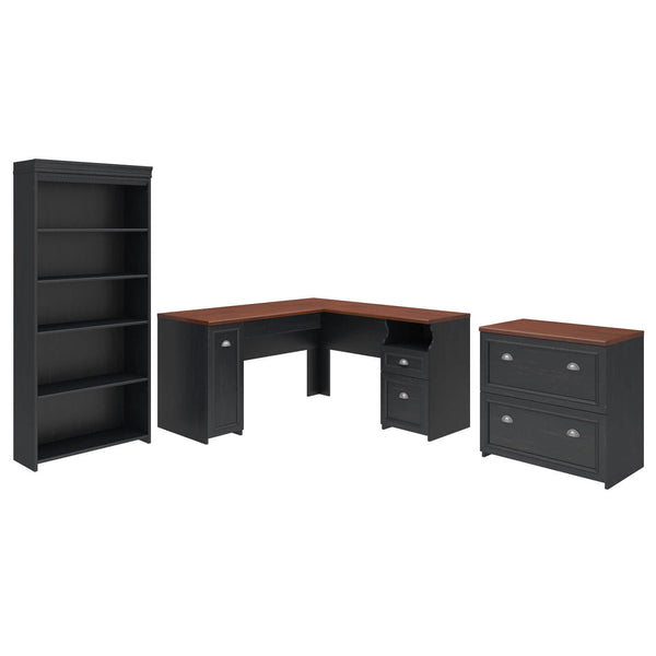 60W L Shaped Desk with Lateral File Cabinet and 5 Shelf Bookcase