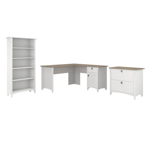 60W L Shaped Desk with Lateral File Cabinet and 5 Shelf Bookcase