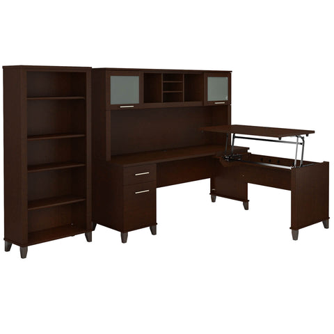 72W 3 Position Sit to Stand L Shaped Desk with Hutch and Bookcase