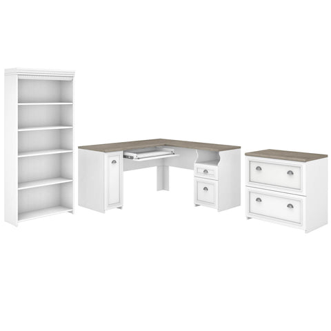 60W L Shaped Desk with Lateral File Cabinet and 5 Shelf Bookcase