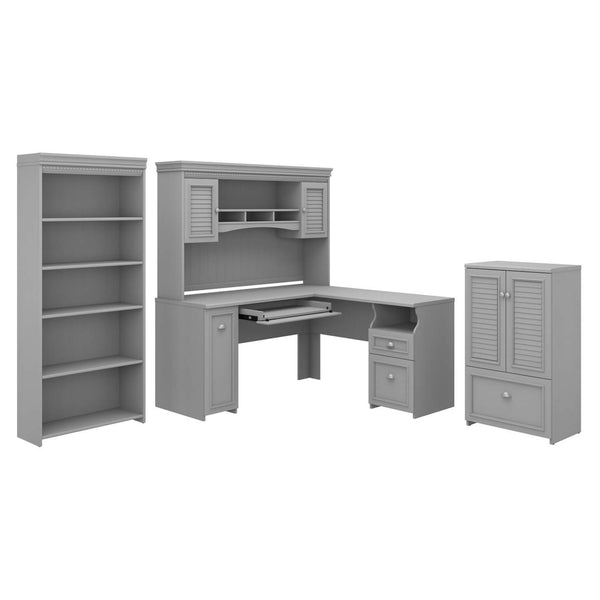 60W L Shaped Desk with Hutch, 5 Shelf Bookcase and Storage