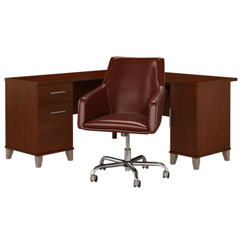 60W L Shaped Desk with Mid Back Leather Box Chair