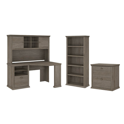 60W Corner Desk with Hutch, Lateral File Cabinet and 5 Shelf Bookcase