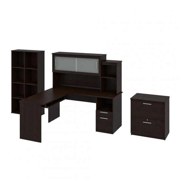 65W L-Shaped Desk with Hutch, Lateral File Cabinet, and Cubby Bookcase