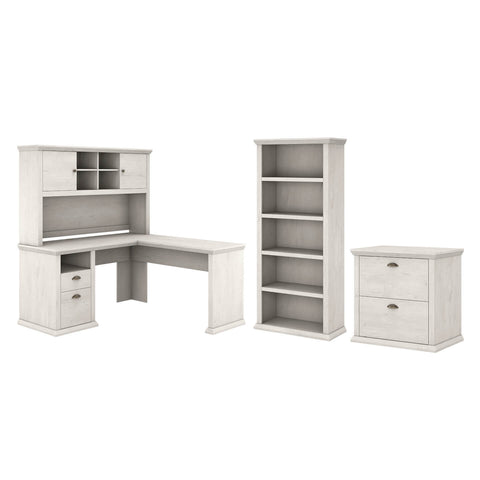 60W L Shaped Desk with Hutch, Lateral File Cabinet and Bookcase