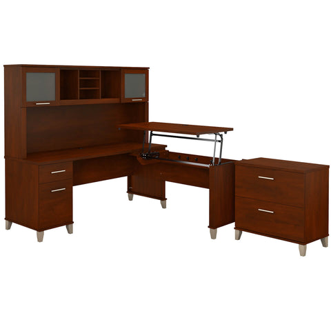 72W 3 Position Sit to Stand L Shaped Desk with Hutch and File Cabinet