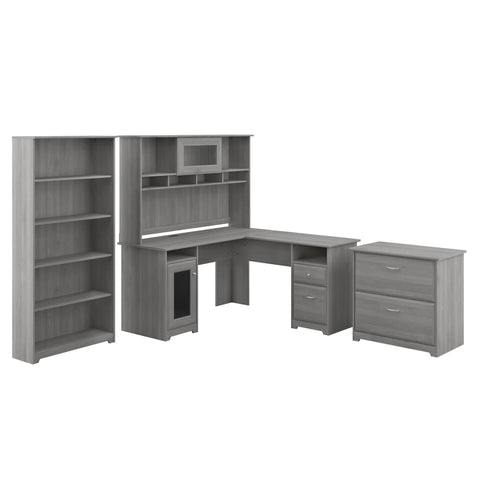 L Shaped Desk with Hutch, Lateral File Cabinet and 5 Shelf Bookcase