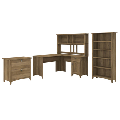 60W L Shaped Desk with Hutch, Lateral File Cabinet and Bookcase