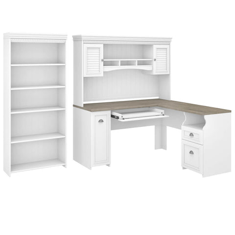 60W L Shaped Desk with Hutch and 5 Shelf Bookcase