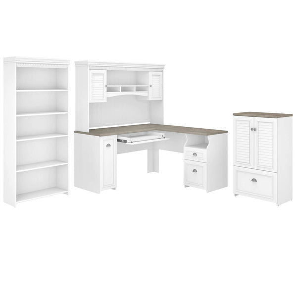 60W L Shaped Desk with Hutch, 5 Shelf Bookcase and Storage