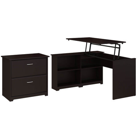 3 Position Sit to Stand Corner Bookshelf Desk with Lateral File Cabinet