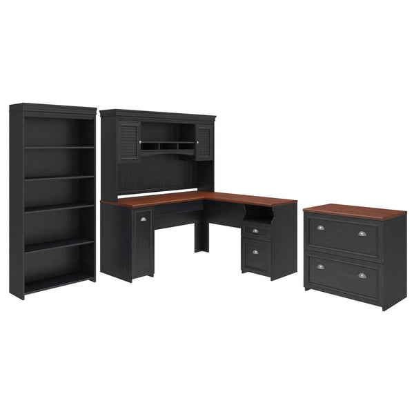 60W L Shaped Desk with Hutch, Lateral File Cabinet and Bookcase