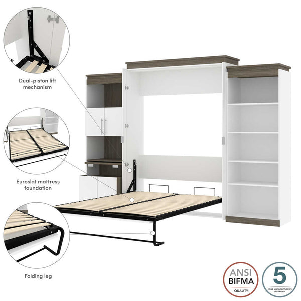 Queen Murphy Bed with Shelves and Storage Cabinet with Fold-Out Desk (126W)