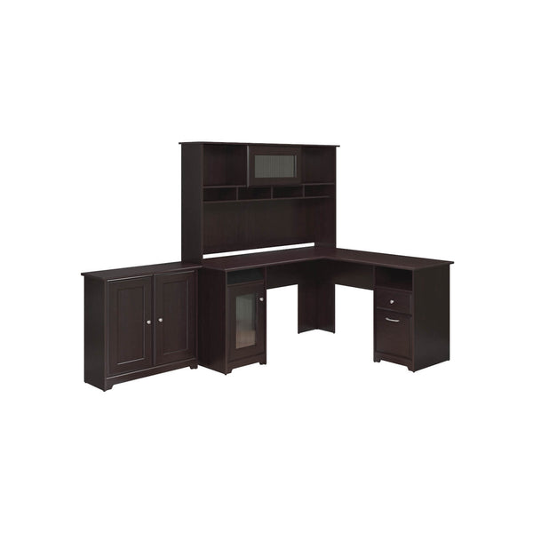 L Shaped Desk with Hutch and Small Storage Cabinet with Doors