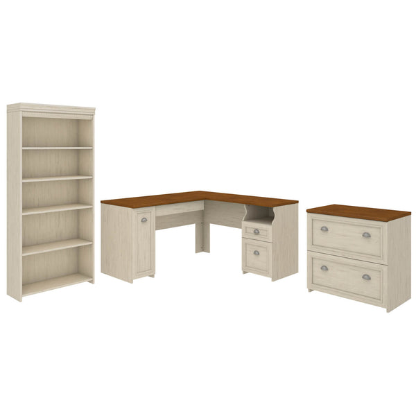 60W L Shaped Desk with Lateral File Cabinet and 5 Shelf Bookcase