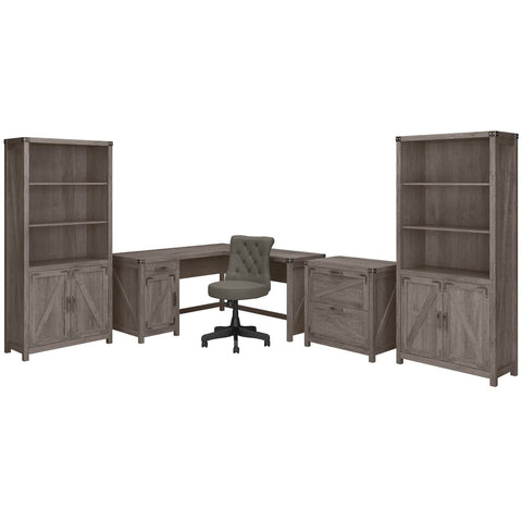 60W L Shaped Desk with Chair, File Cabinet and Bookcases