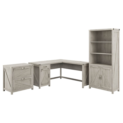 60W L Shaped Desk with Lateral File Cabinet and 5 Shelf Bookcase