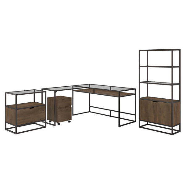 60W Glass Top L Shaped Desk with Bookcase and File Cabinets