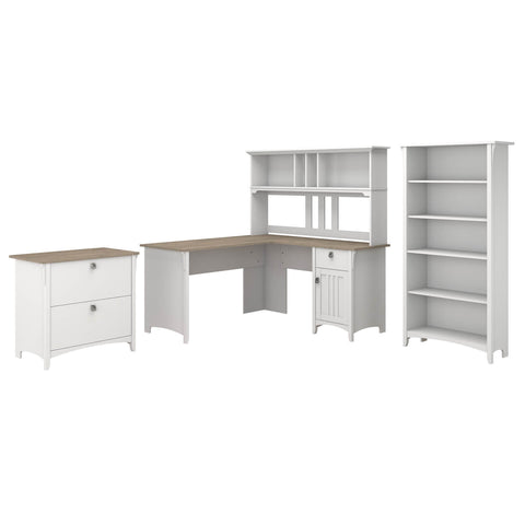 60W L Shaped Desk with Hutch, Lateral File Cabinet and Bookcase